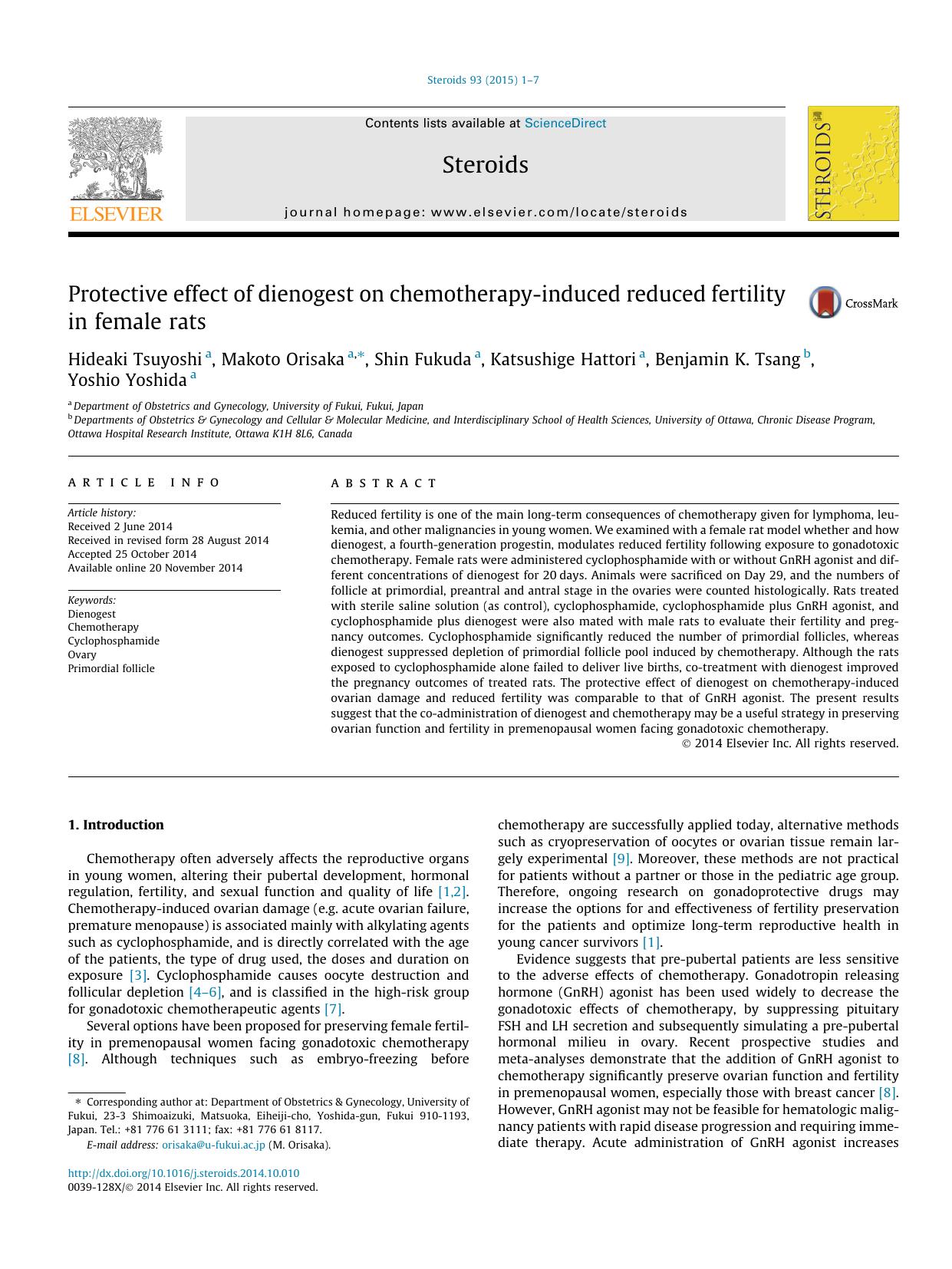Protective effect of dienogest on chemotherapy-induced reduced fertility in female rats by unknow