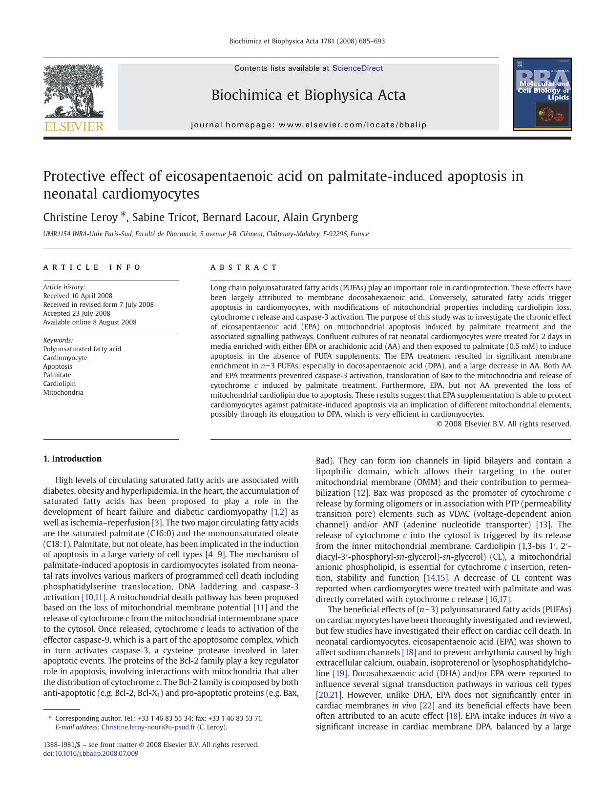 Protective effect of eicosapentaenoic acid on palmitate-induced apoptosis in neonatal cardiomyocytes by Christine Leroy; Sabine Tricot; Bernard Lacour; Alain Grynberg