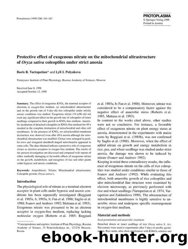 Protective effect of exogenous nitrate on the mitochondrial ultrastructure of <Emphasis Type="Italic">Oryza sativa <Emphasis> coleoptiles under strict anoxia by Unknown