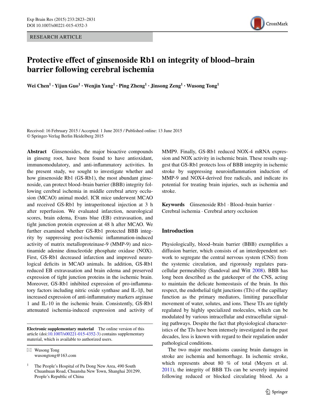 Protective effect of ginsenoside Rb1 on integrity of bloodâbrain barrier following cerebral ischemia by Wei Chen & Yijun Guo & Wenjin Yang & Ping Zheng & Jinsong Zeng & Wusong Tong
