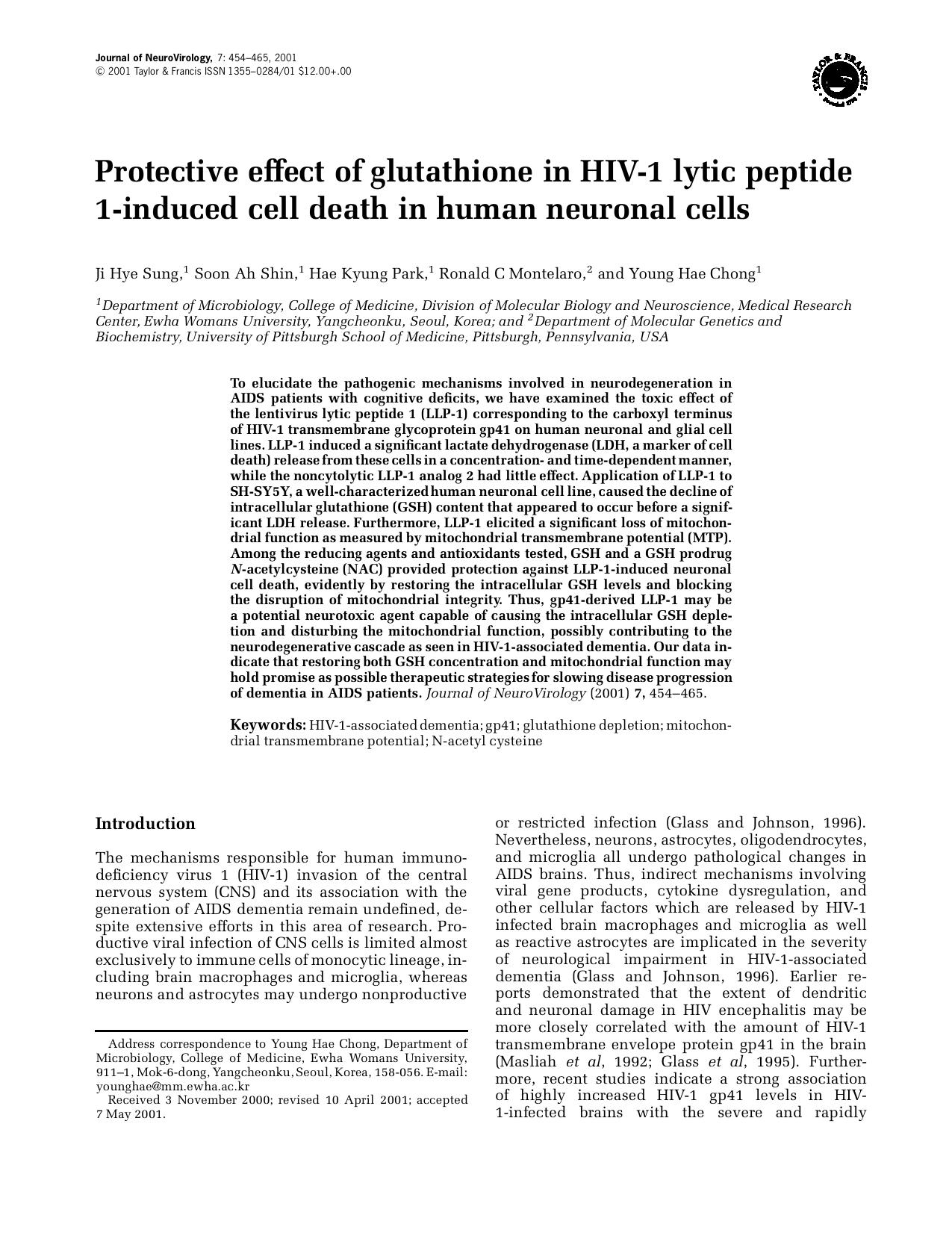Protective effect of glutathione in HIV-1 lytic peptide 1-induced cell death in human neuronal cells by Unknown