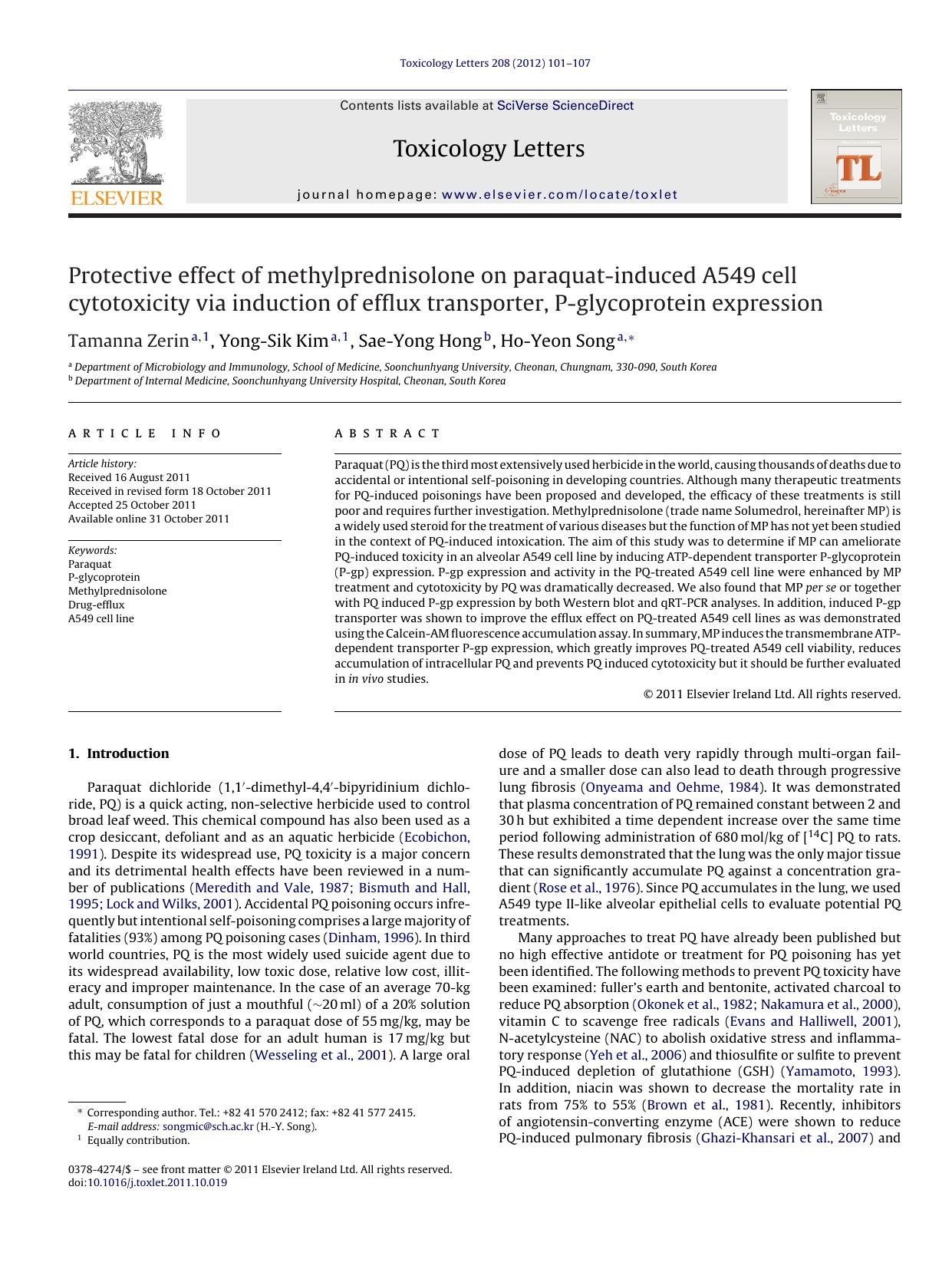 Protective effect of methylprednisolone on paraquat-induced A549 cell cytotoxicity via induction of efflux transporter, P-glycoprotein expression by Tamanna Zerin