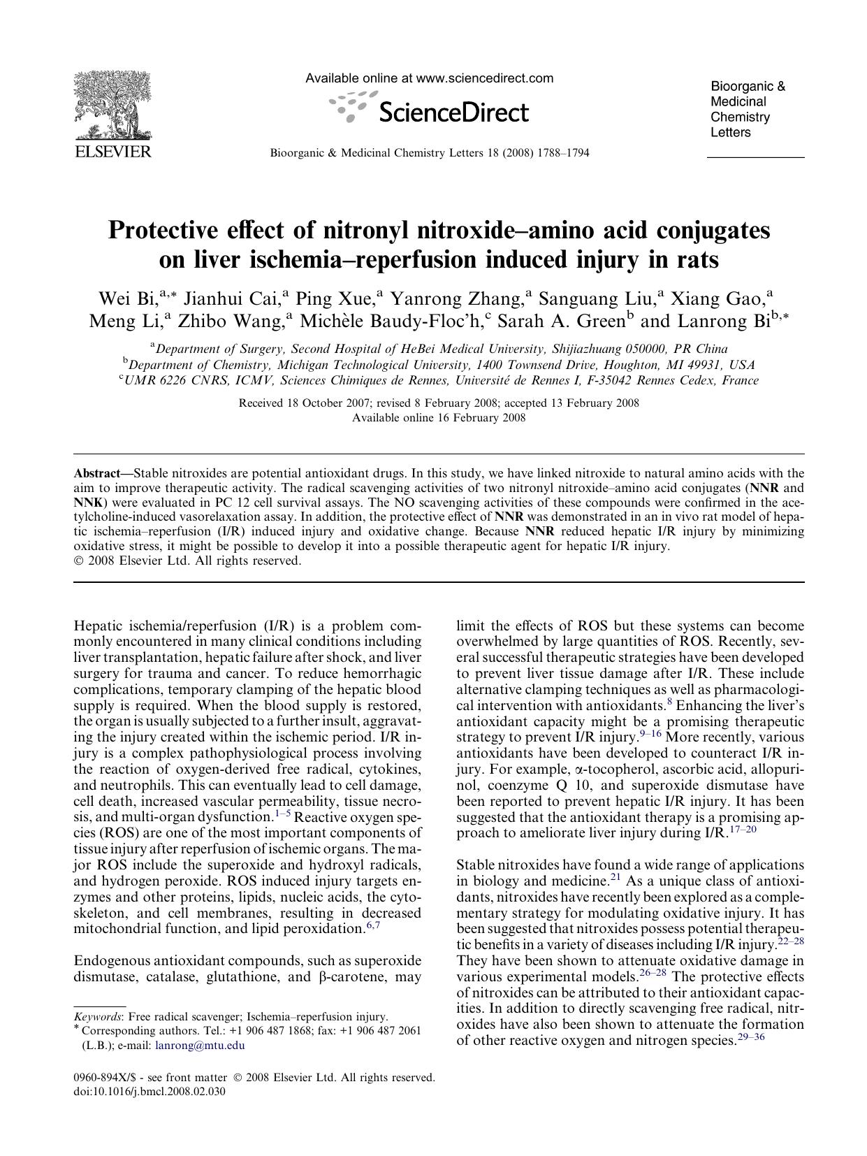 Protective effect of nitronyl nitroxideâamino acid conjugates on liver ischemiaâreperfusion induced injury in rats by unknow