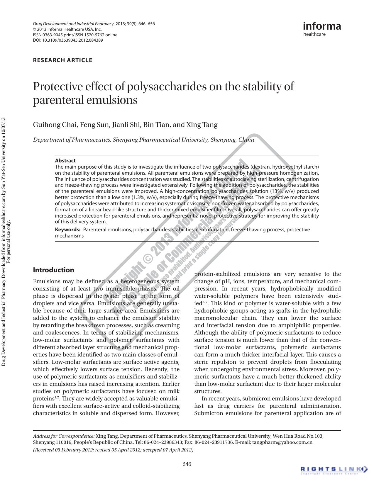 Protective effect of polysaccharides on the stability of parenteral emulsions by Guihong Chai Feng Sun Jianli Shi Bin Tian Xing Tang