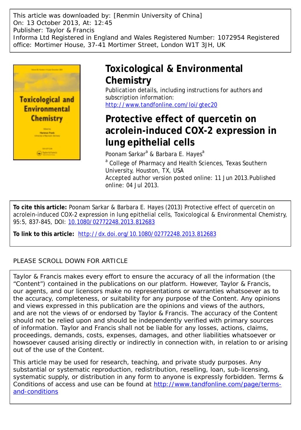Protective effect of quercetin on acrolein-induced COX-2 expression in lung epithelial cells by Poonam Sarkar & Barbara E. Hayes