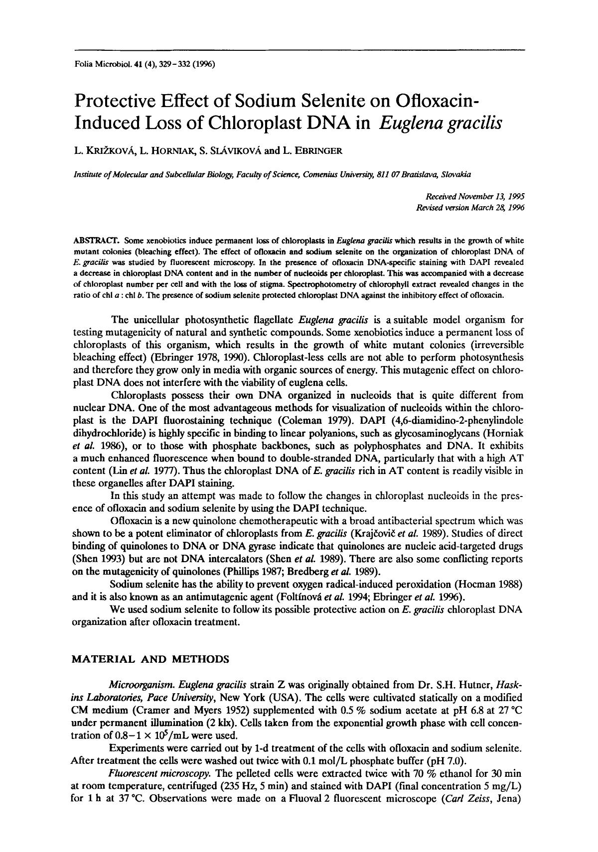 Protective effect of sodium selenite on ofloxacin-induced loss of chloroplast DNA in <Emphasis Type="Italic">Euglena gracilis <Emphasis> by Unknown