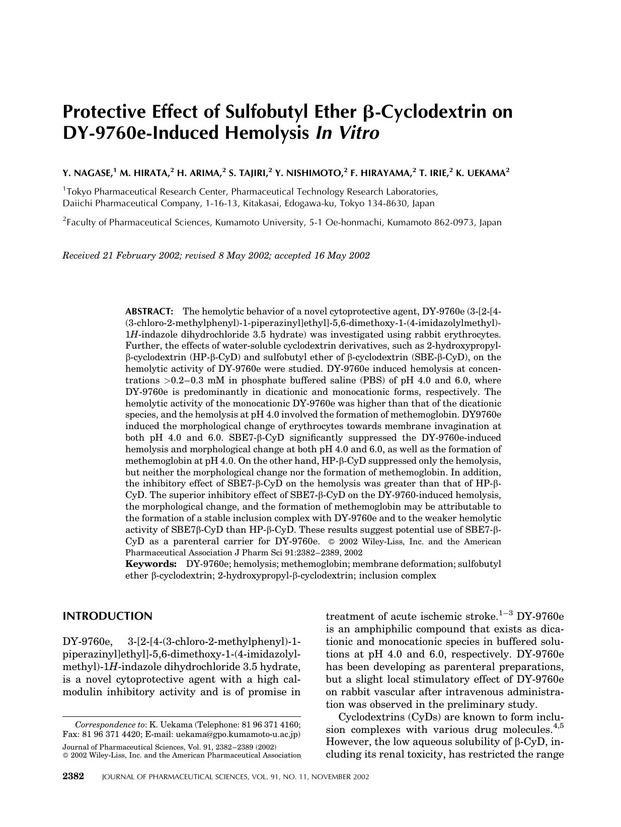 Protective effect of sulfobutyl ether [beta]-cyclodextrin on DY-9760e-induced hemolysis in vitro by Unknown
