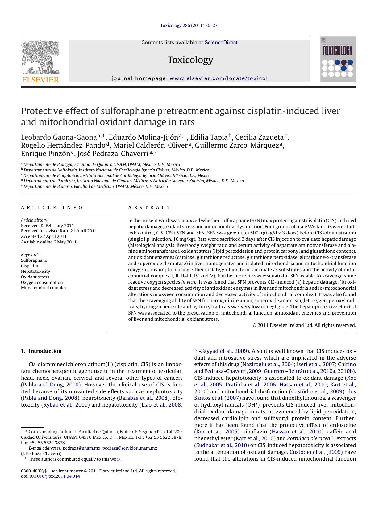 Protective effect of sulforaphane pretreatment against cisplatin-induced liver and mitochondrial oxidant damage in rats by Leobardo Gaona-Gaona