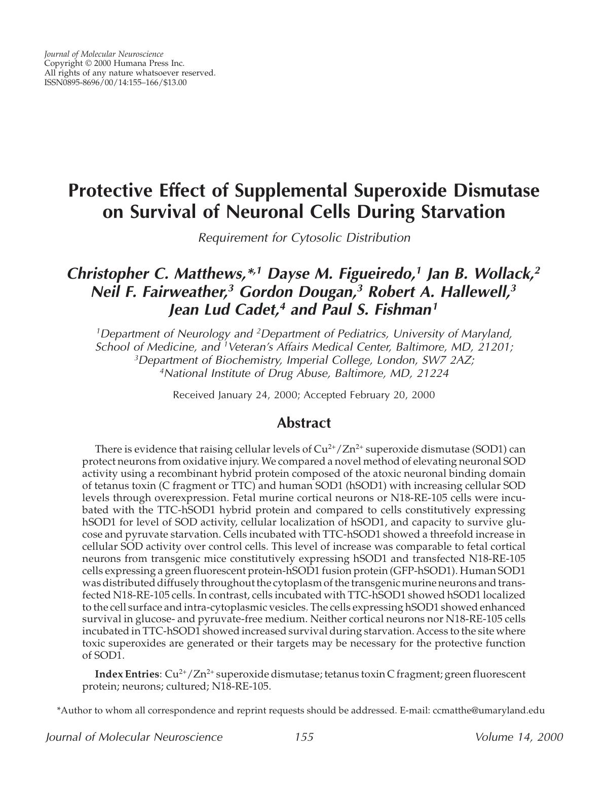 Protective effect of supplemental superoxide dismutase on survival of neuronal cells during starvation by Unknown