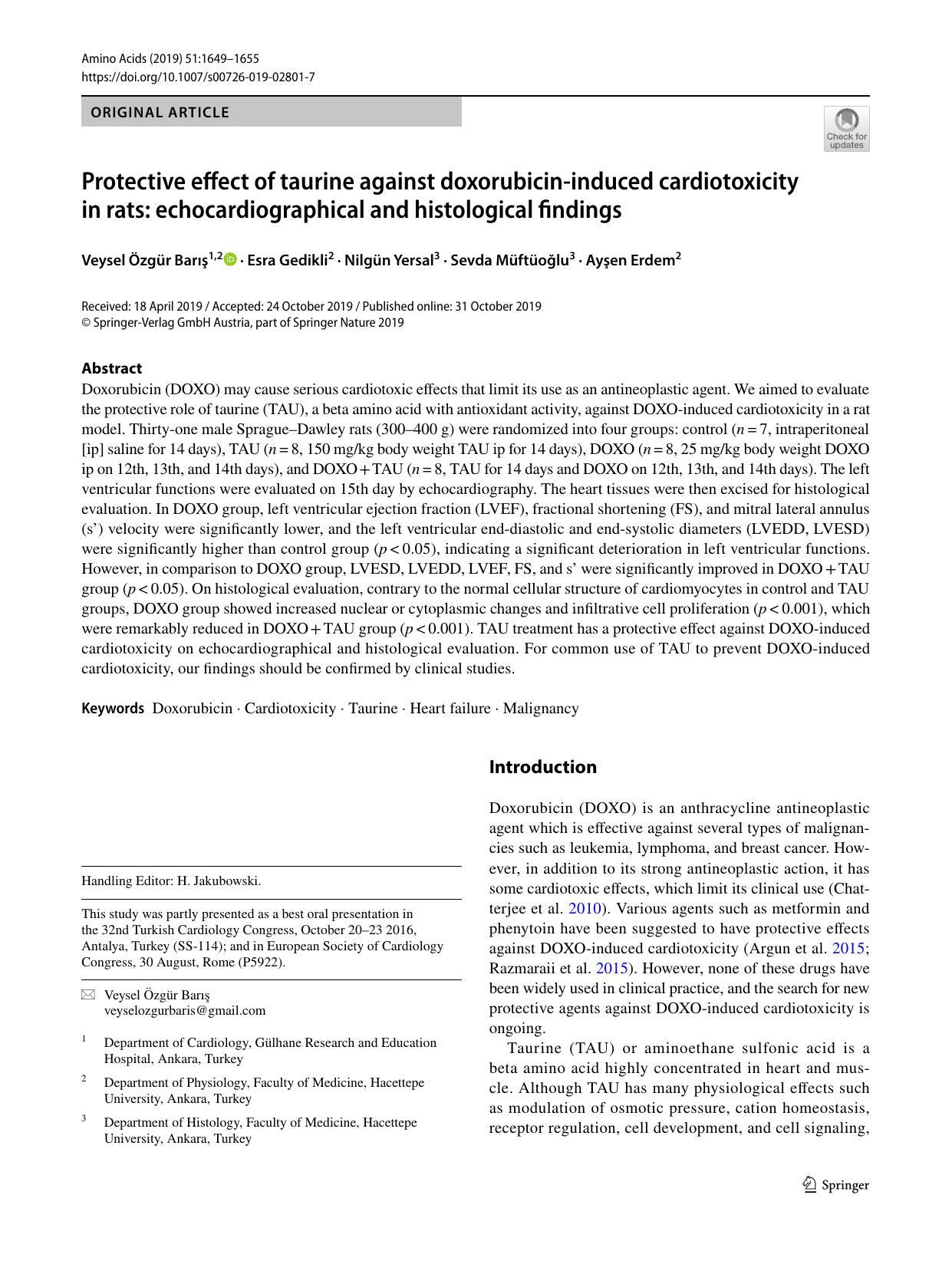 Protective effect of taurine against doxorubicin-induced cardiotoxicity in rats: echocardiographical and histological findings by Veysel Özgür Barış & Esra Gedikli & Nilgün Yersal & Sevda Müftüoğlu & Ayşen Erdem