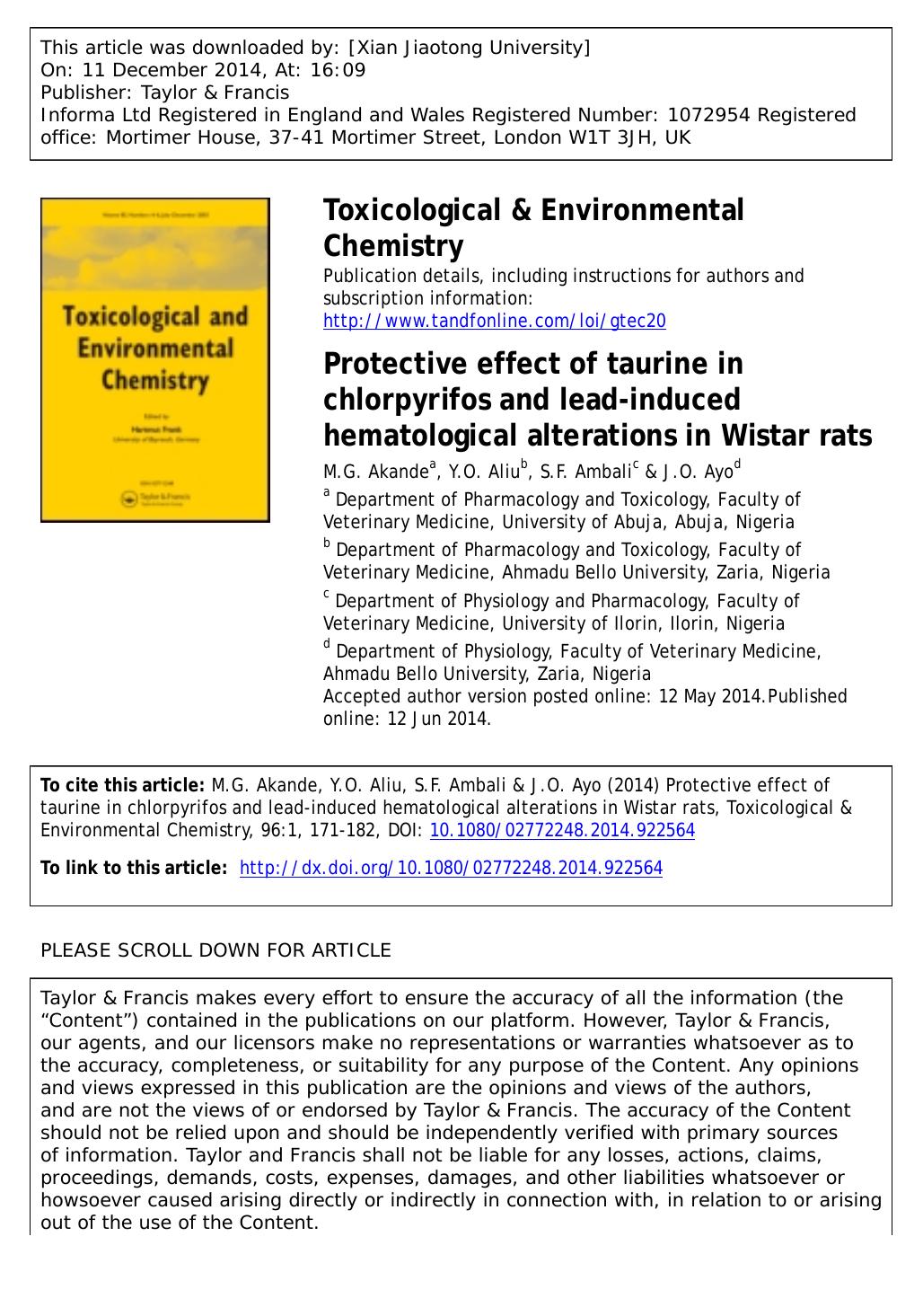 Protective effect of taurine in chlorpyrifos and lead-induced hematological alterations in Wistar rats by M.G. Akande