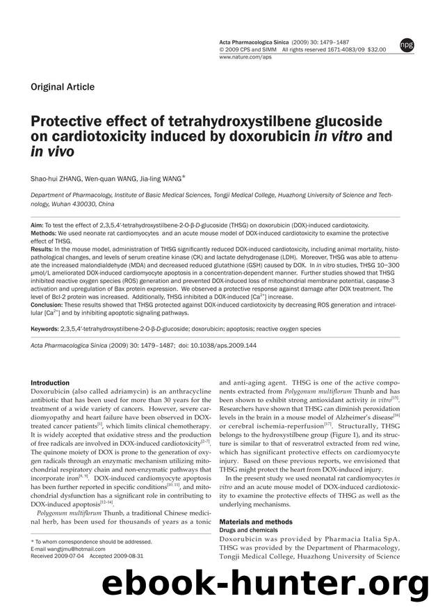 Protective effect of tetrahydroxystilbene glucoside on cardiotoxicity induced by doxorubicin in vitro and in vivo by Shao-hui Zhang & Wen-quan Wang & Jia-ling Wang