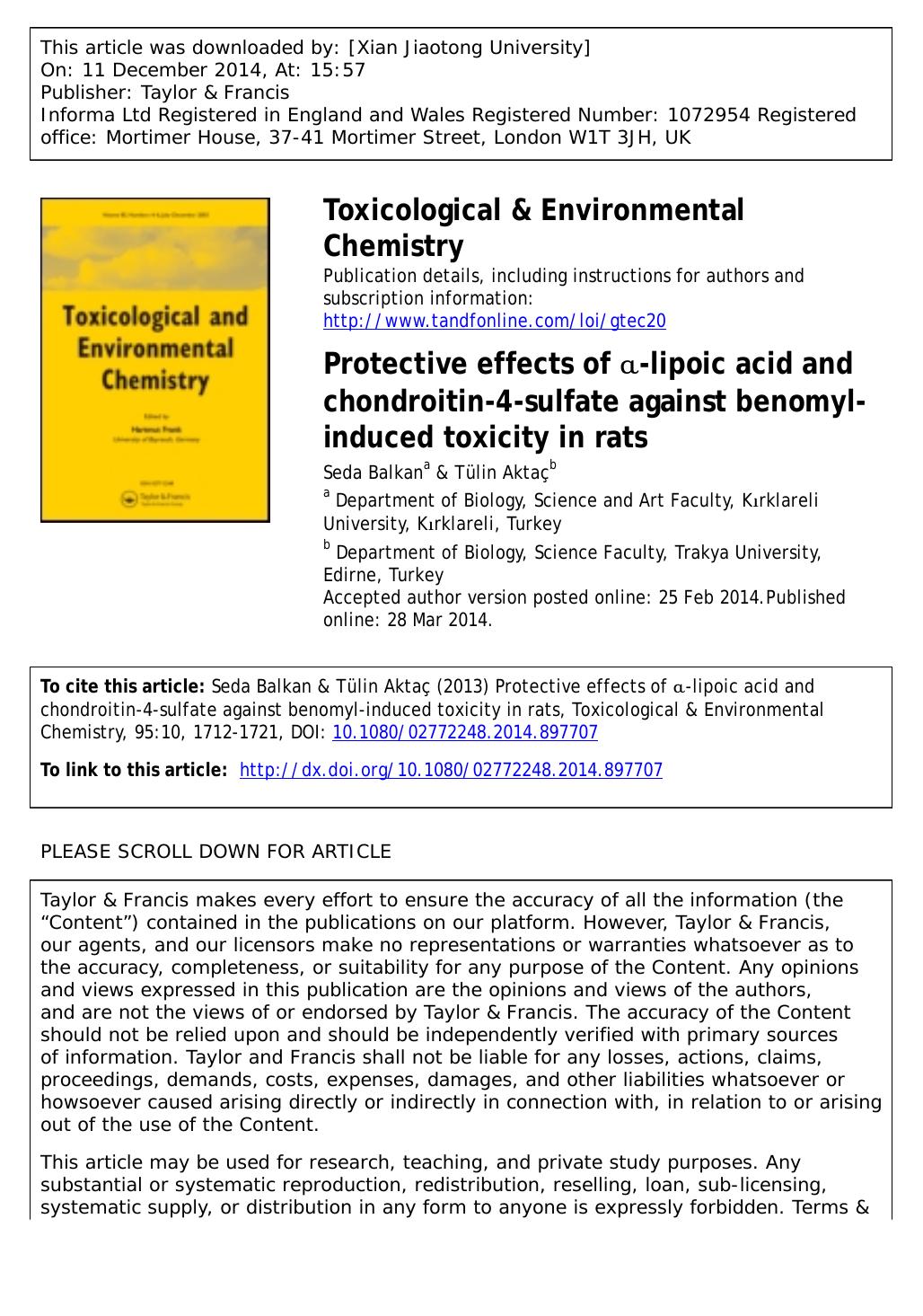 Protective effects of Î±-lipoic acid and chondroitin-4-sulfate against benomyl-induced toxicity in rats by Seda Balkan