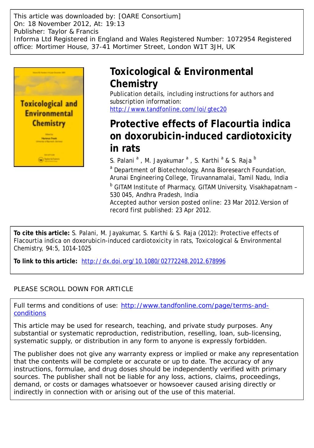 Protective effects of Flacourtia indica on doxorubicin-induced cardiotoxicity in rats by S. Palani M. Jayakumar S. Karthi & S. Raja
