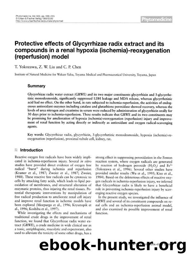 Protective effects of Glycyrrhizae radix extract and its compounds in a renal hypoxia (ischemia)-reoxygenation (reperfusion) model by T. Yokozawa & Z.W. Liu & C.P. Chen