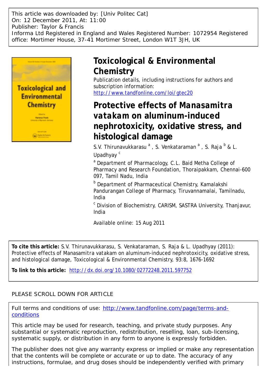 Protective effects of Manasamitra vatakam on aluminum-induced nephrotoxicity, oxidative stress, and histological damage by unknow