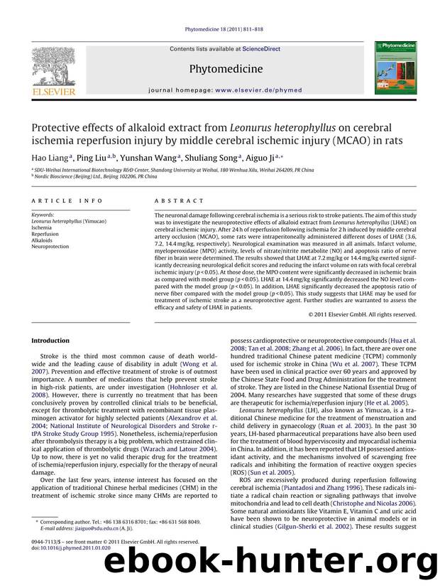 Protective effects of alkaloid extract from Leonurus heterophyllus on cerebral ischemia reperfusion injury by middle cerebral ischemic injury (MCAO) in rats by Hao Liang
