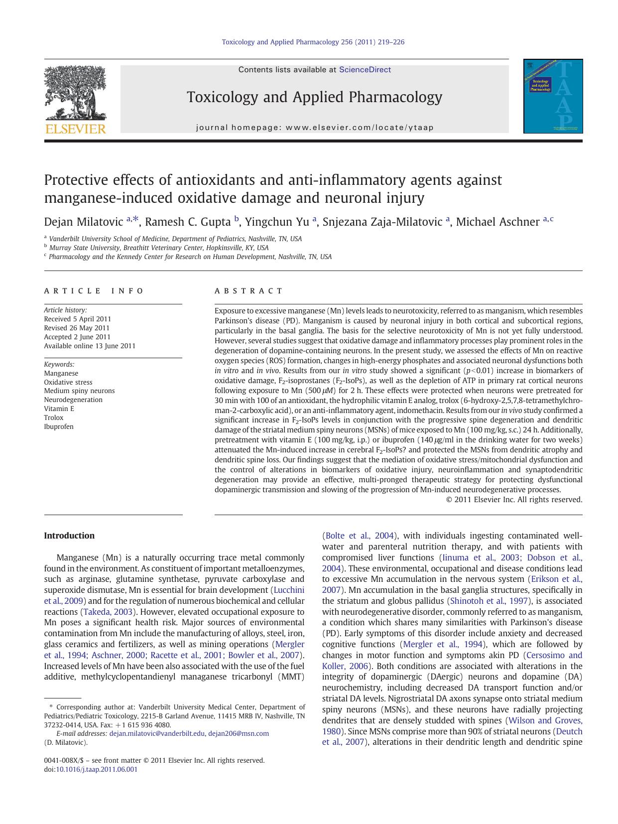 Protective effects of antioxidants and anti-inflammatory agents against manganese-induced oxidative damage and neuronal injury by Dejan Milatovic & Ramesh C. Gupta & Yingchun Yu & Snjezana Zaja-Milatovic & Michael Aschner