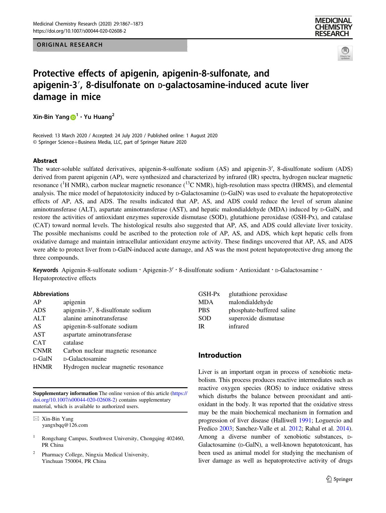 Protective effects of apigenin, apigenin-8-sulfonate, and apigenin-3â², 8-disulfonate on d-galactosamine-induced acute liver damage in mice by Xin-Bin Yang & Yu Huang
