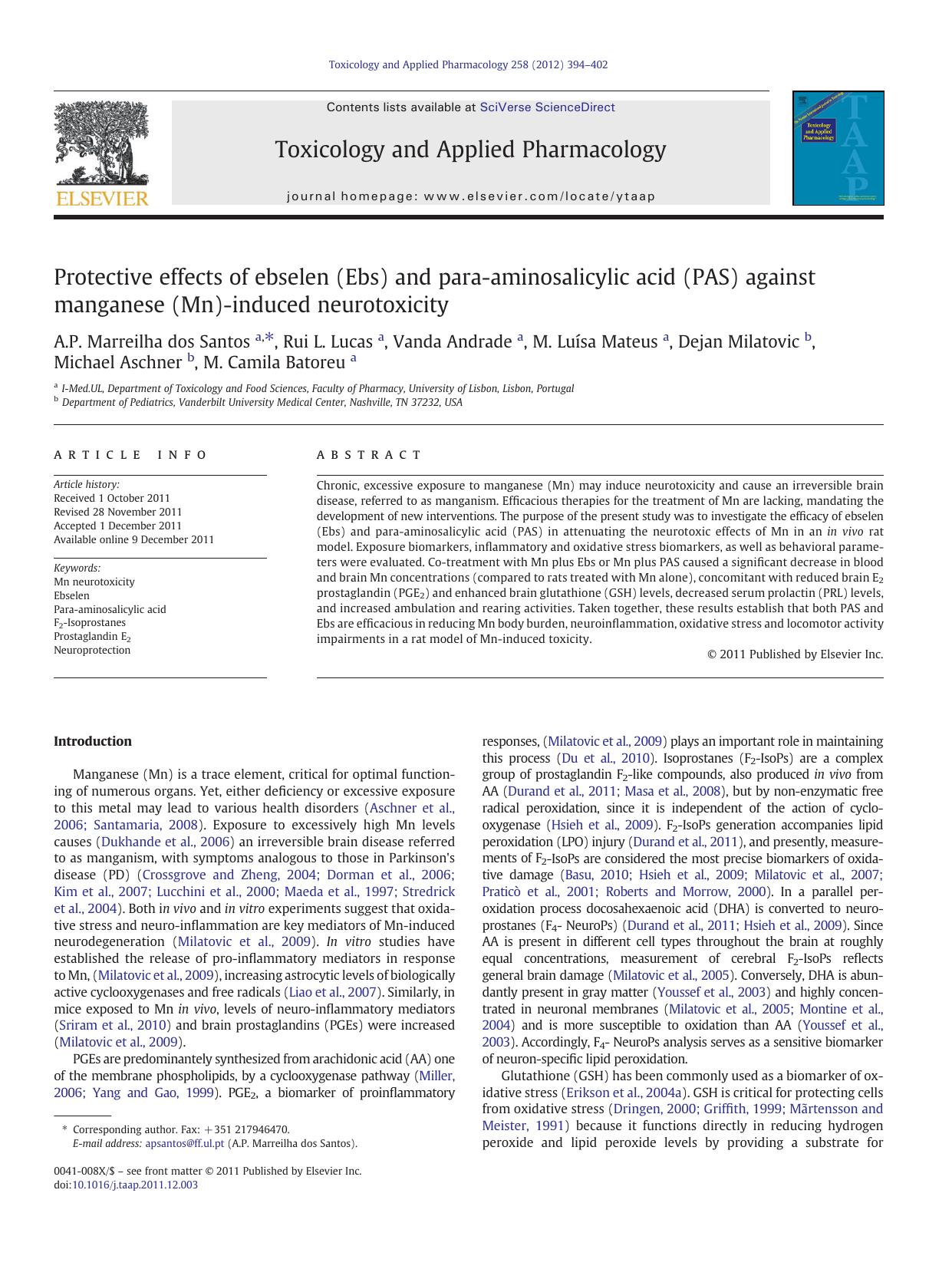 Protective effects of ebselen (Ebs) and para-aminosalicylic acid (PAS) against manganese (Mn)-induced neurotoxicity by unknow