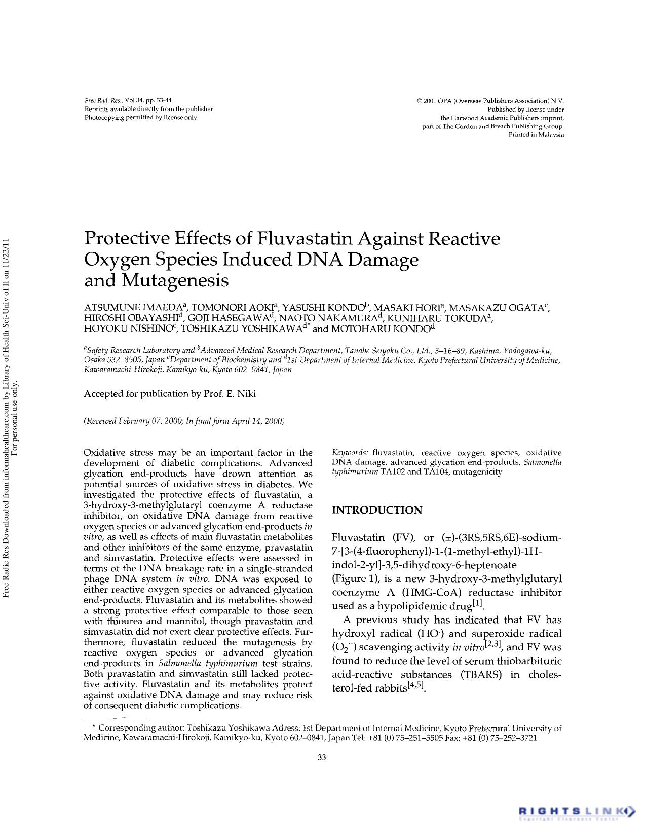 Protective effects of fluvastatin against reactive oxygen species induced DNA damage and mutagenesis by unknow