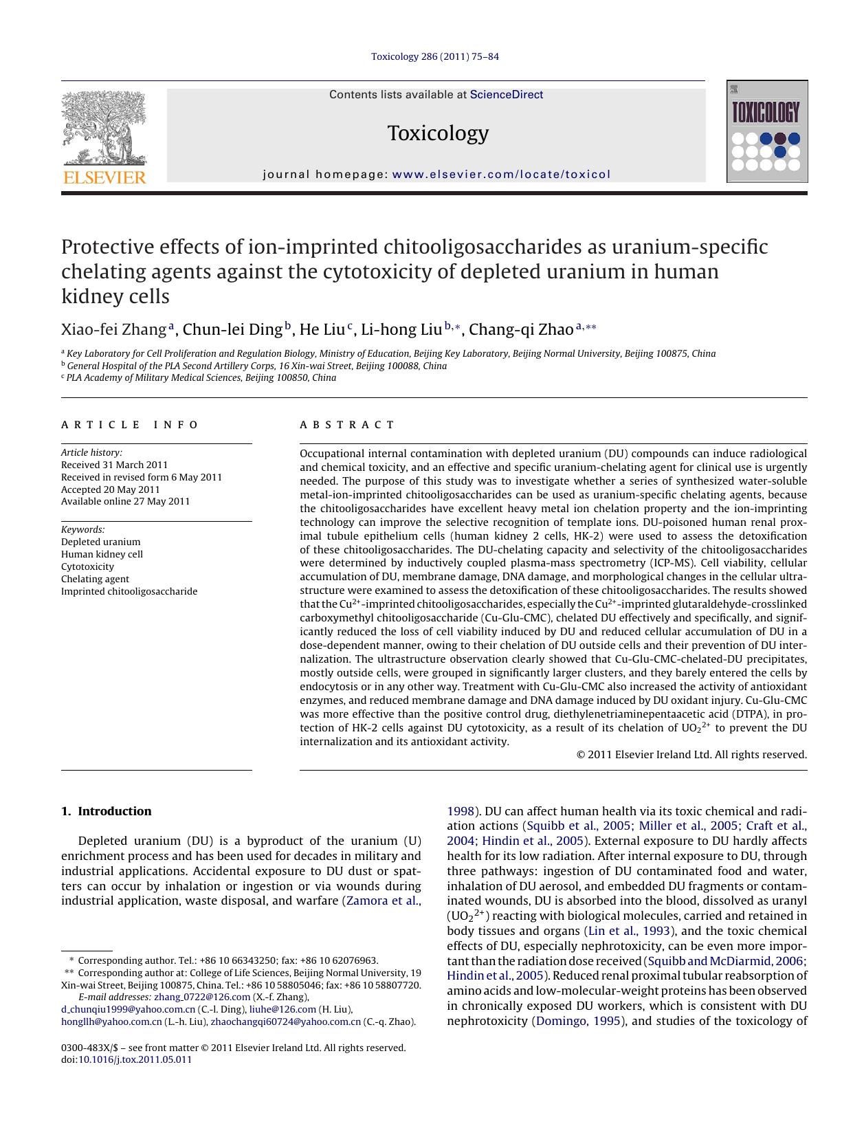 Protective effects of ion-imprinted chitooligosaccharides as uranium-specific chelating agents against the cytotoxicity of depleted uranium in human kidney cells by Xiao-fei Zhang