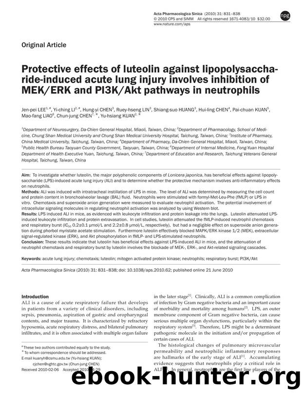 Protective effects of luteolin against lipopolysaccharide-induced acute lung injury involves inhibition of MEKERK and PI3KAkt pathways in neutrophils by unknow
