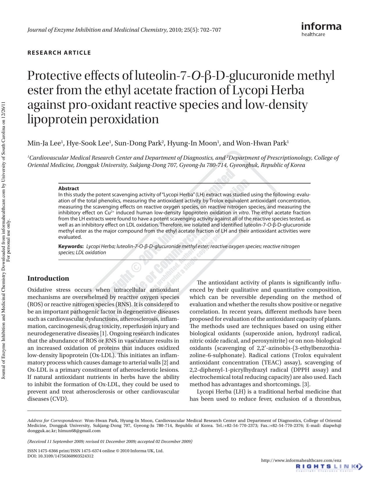 Protective effects of luteolin-7-O-Î²-D-glucuronide methyl ester from the ethyl acetate fraction of Lycopi Herba against pro-oxidant reactive species and low-density lipoprotein peroxidation by unknow