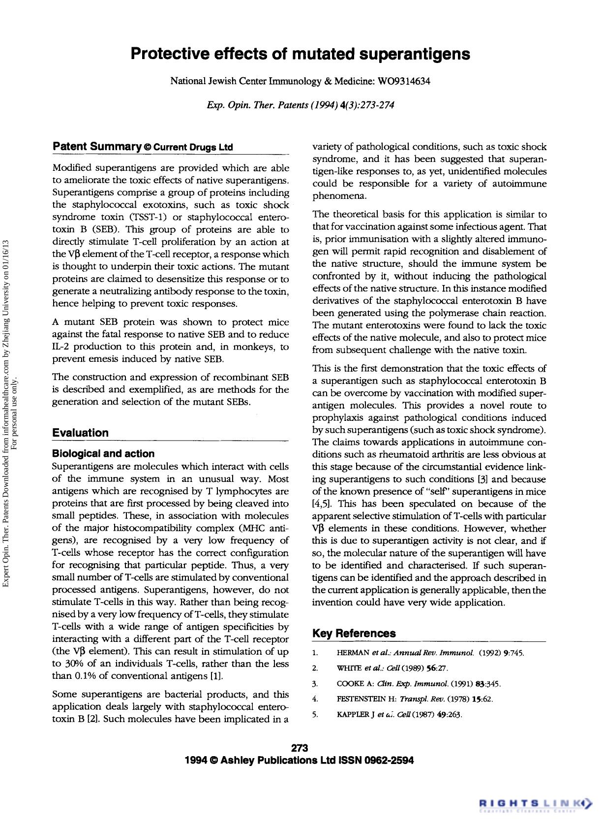 Protective effects of mutated superantigens by Unknown