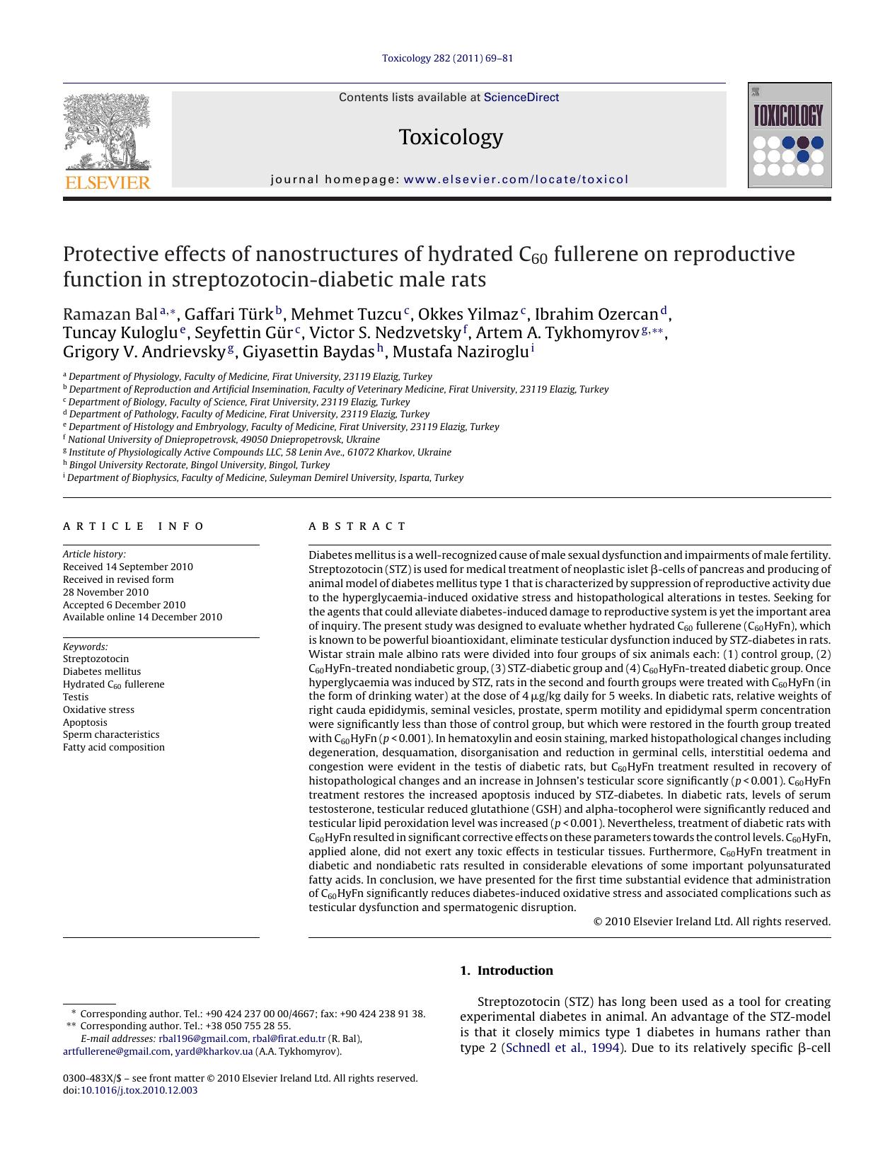 Protective effects of nanostructures of hydrated C60 fullerene on reproductive function in streptozotocin-diabetic male rats by Ramazan Bal