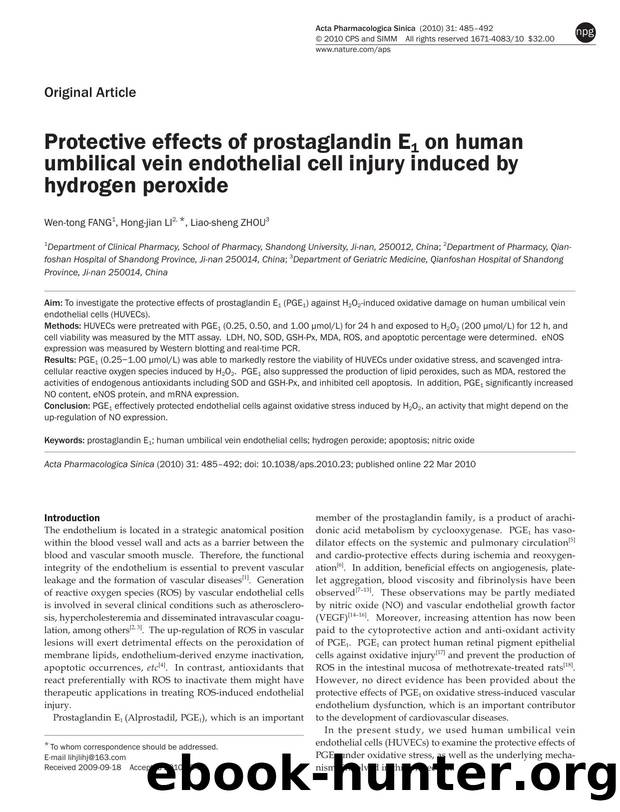 Protective effects of prostaglandin E1 on human umbilical vein endothelial cell injury induced by hydrogen peroxide by Wen-tong Fang & Hong-jian Li & Liao-sheng Zhou