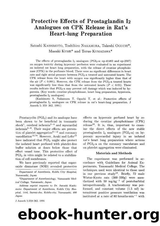 Protective effects of prostaglandin I<Subscript>2<Subscript> analogues on CPK release in rat&#x2019;s heart-lung preparation by Unknown