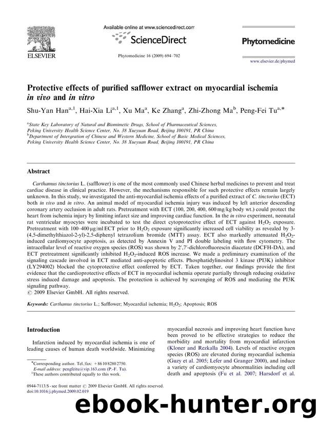 Protective effects of purified safflower extract on myocardial ischemia in vivo and in vitro by Shu-Yan Han; Hai-Xia Li; Xu Ma; Ke Zhang; Zhi-Zhong Ma; Peng-Fei Tu