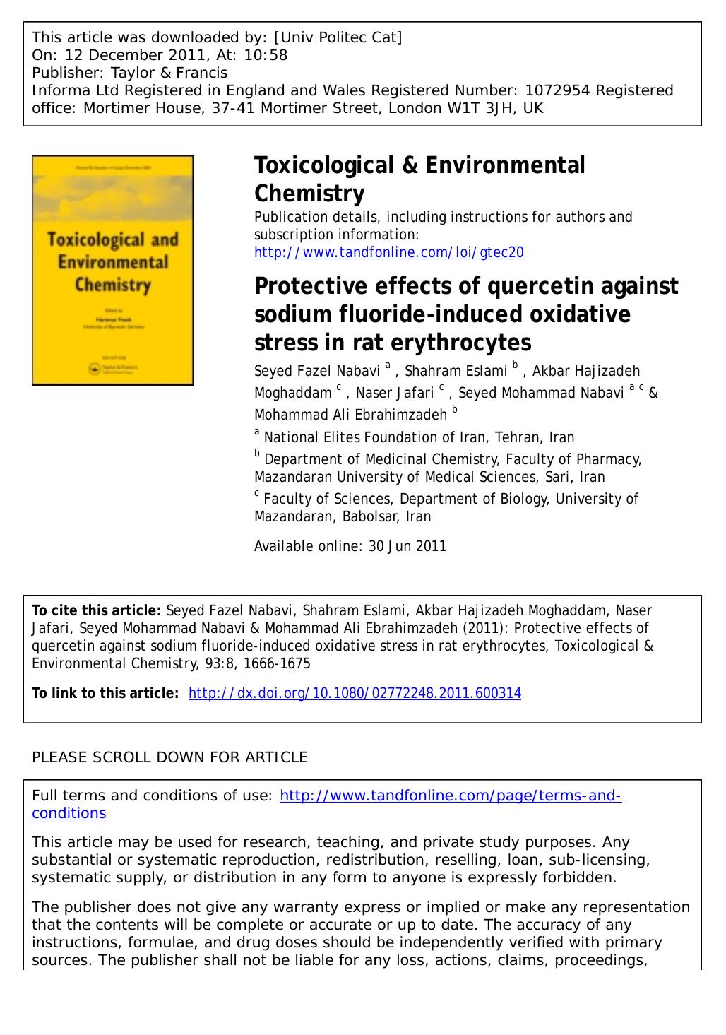 Protective effects of quercetin against sodium fluoride-induced oxidative stress in rat erythrocytes by unknow