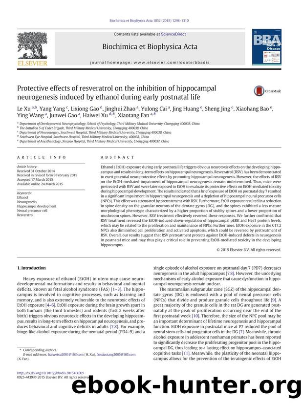 Protective effects of resveratrol on the inhibition of hippocampal neurogenesis induced by ethanol during early postnatal life by unknow