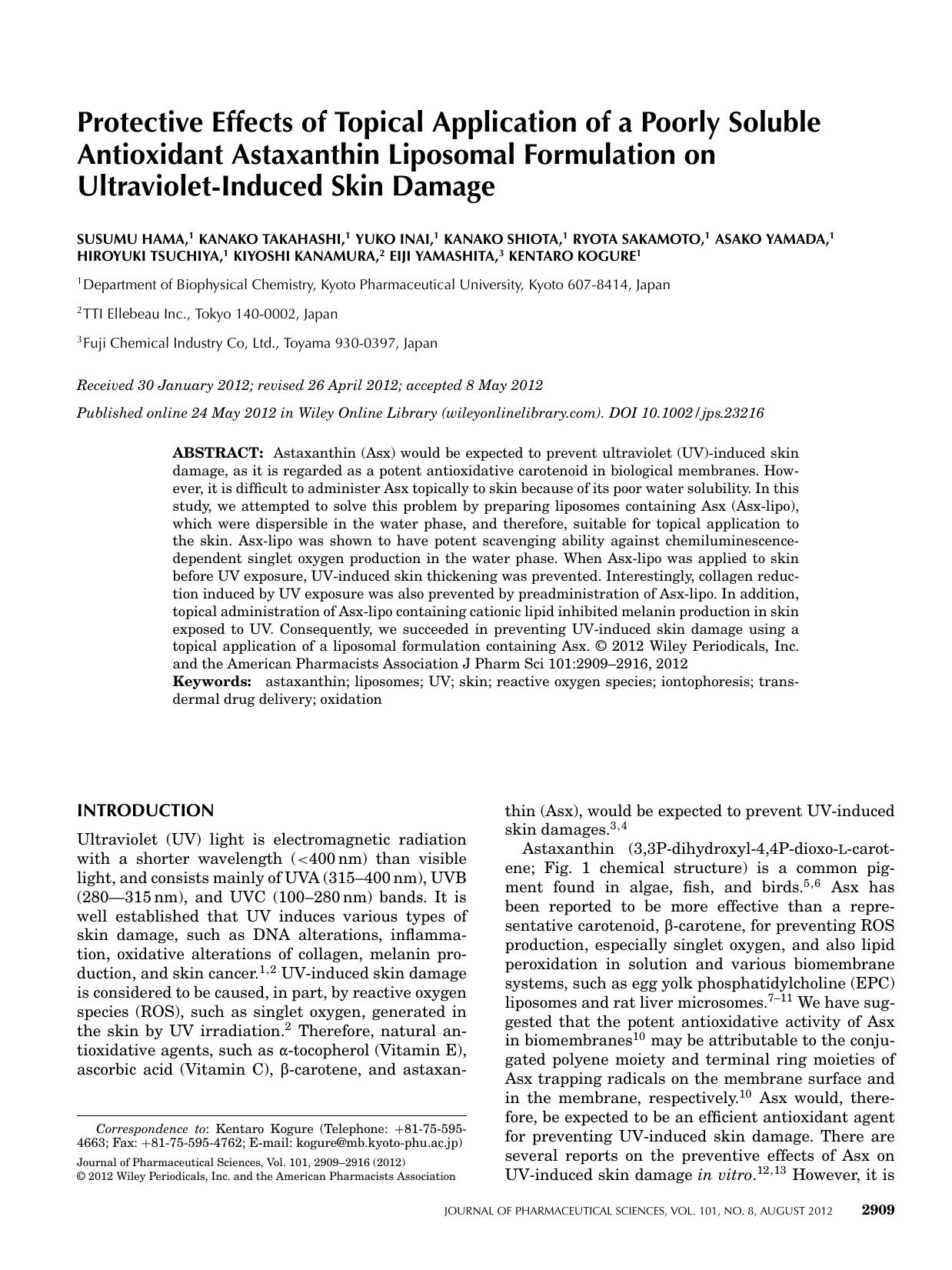 Protective effects of topical application of a poorly soluble antioxidant astaxanthin liposomal formulation on ultravioletinduced skin damage by Unknown