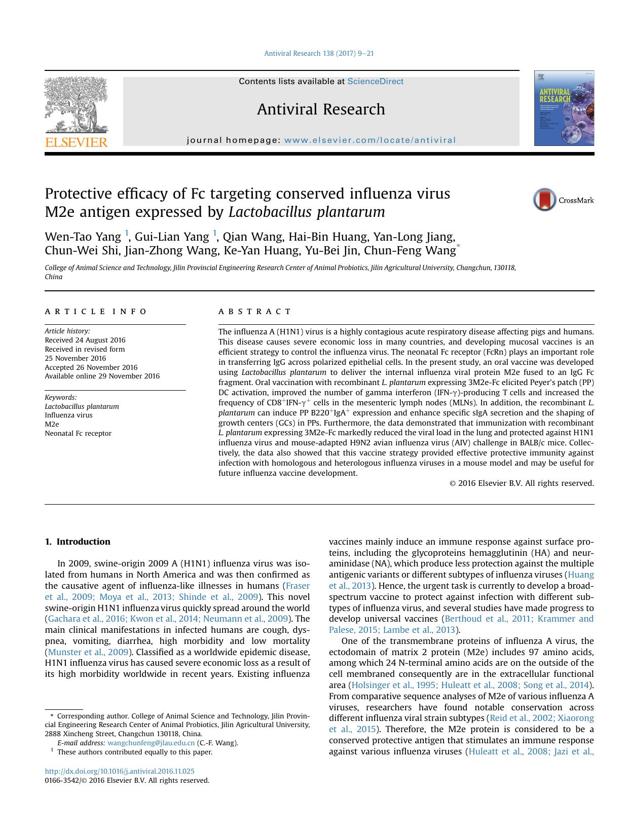 Protective efficacy of Fc targeting conserved influenza virus M2e antigen expressed by Lactobacillus plantarum by unknow