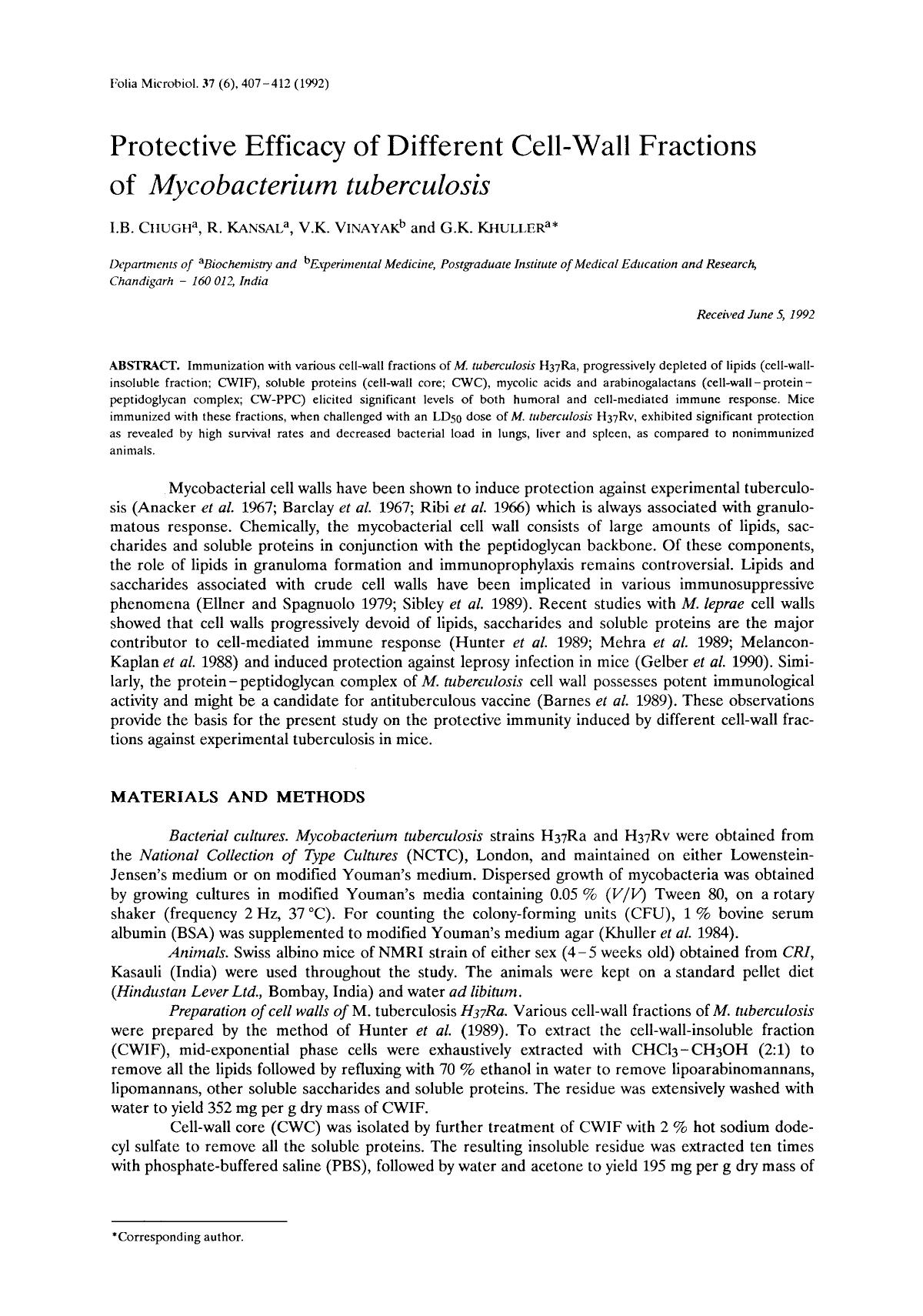 Protective efficacy of different cell-wall fractions of <Emphasis Type="Italic">Mycobacterium tuberculosis <Emphasis> by Unknown