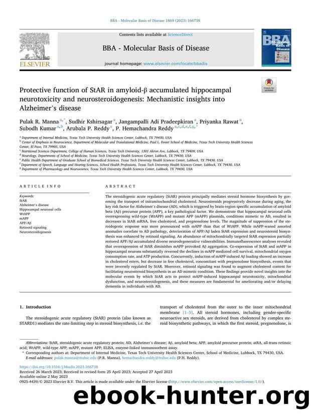 Protective function of StAR in amyloid-Î² accumulated hippocampal neurotoxicity and neurosteroidogenesis: Mechanistic insights into Alzheimer's disease by unknow