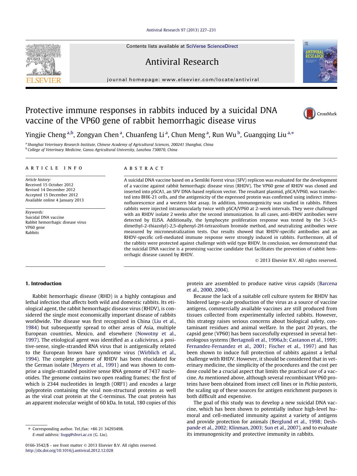 Protective immune responses in rabbits induced by a suicidal DNA vaccine of the VP60 gene of rabbit hemorrhagic disease virus by Yingjie Cheng & Zongyan Chen & Chuanfeng Li & Chun Meng & Run Wu & Guangqing Liu