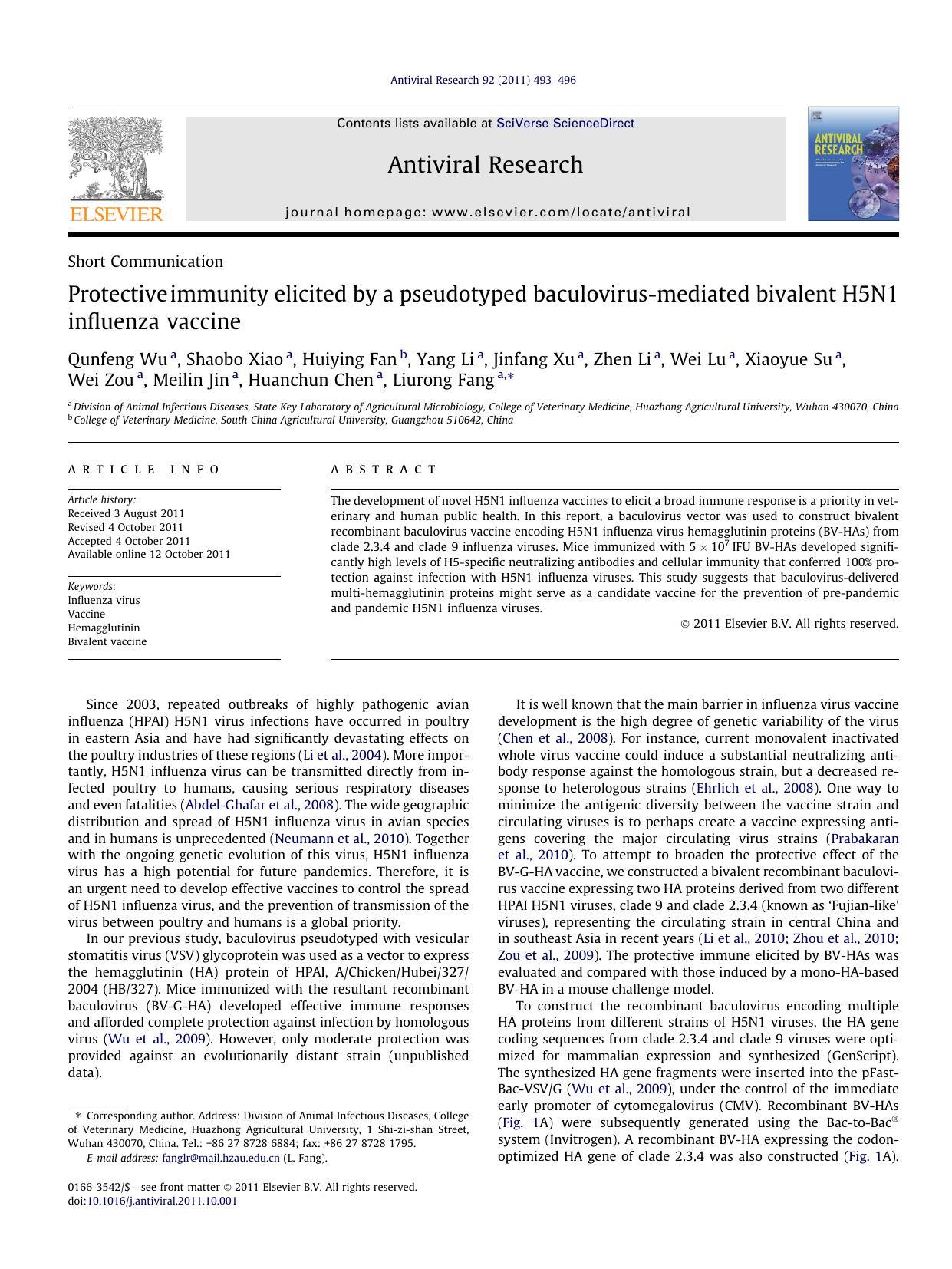 Protective immunity elicited by a pseudotyped baculovirus-mediated bivalent H5N1 influenza vaccine by unknow