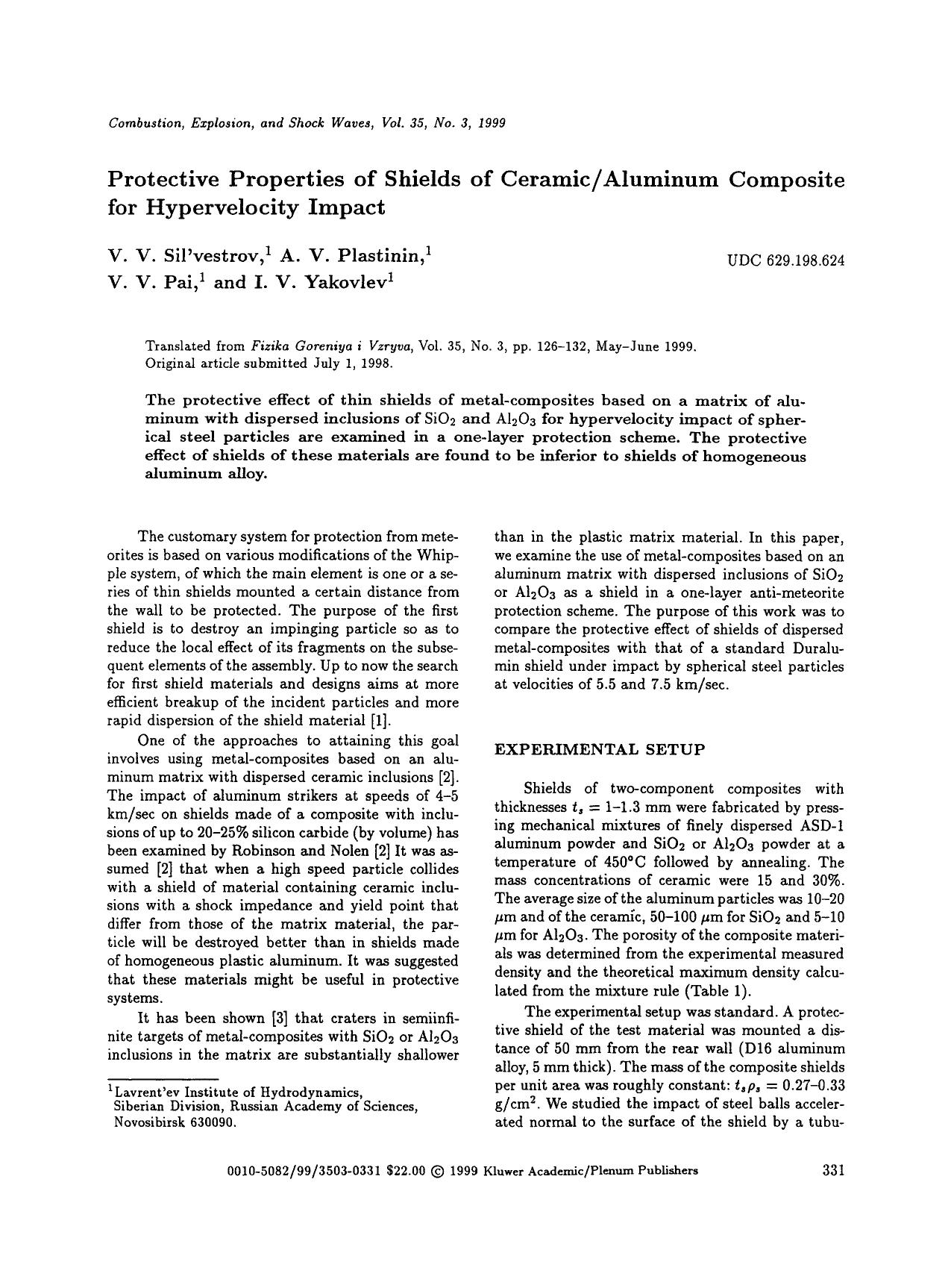 Protective properties of shields of ceramicaluminum composite for hypervelocity impact by Unknown