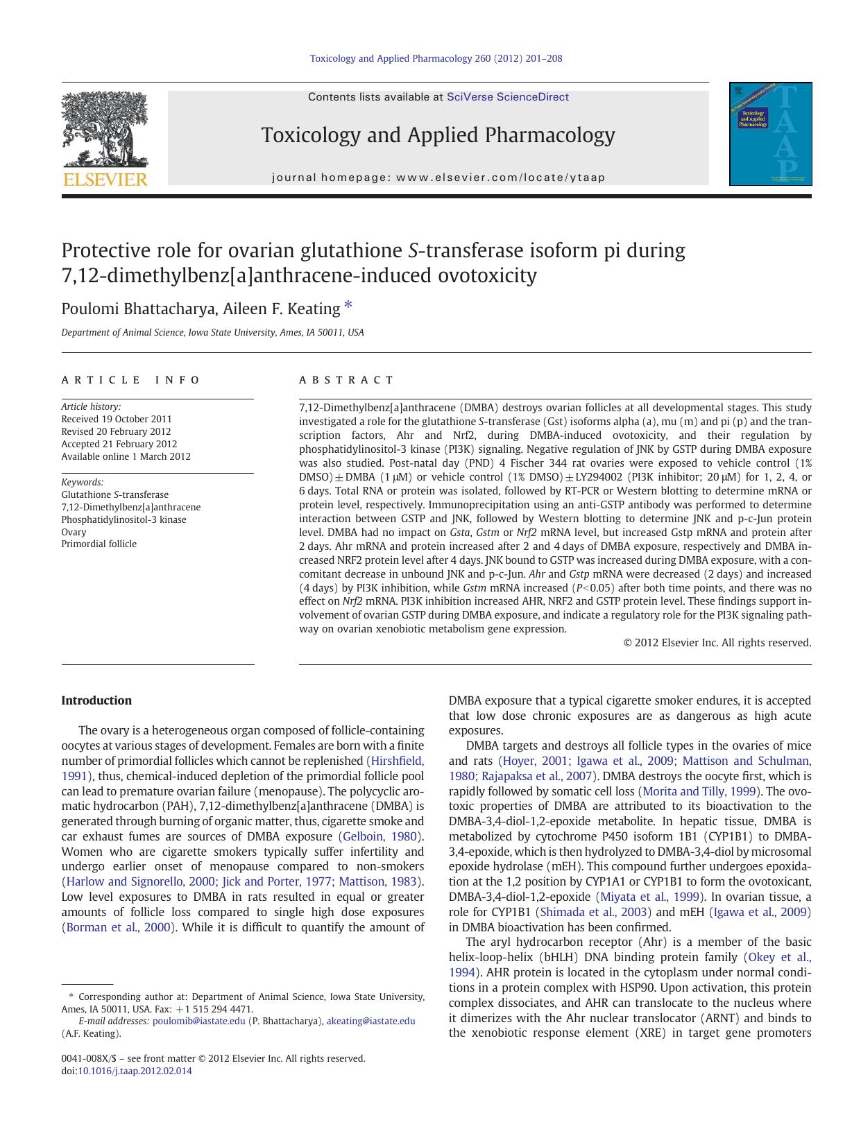 Protective role for ovarian glutathione S-transferase isoform pi during 7,12-dimethylbenz[a]anthracene-induced ovotoxicity by Poulomi Bhattacharya & Aileen F. Keating