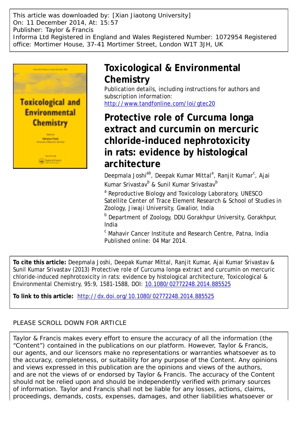 Protective role of Curcuma longa extract and curcumin on mercuric chloride-induced nephrotoxicity in rats: evidence by histological architecture by Deepmala Joshi