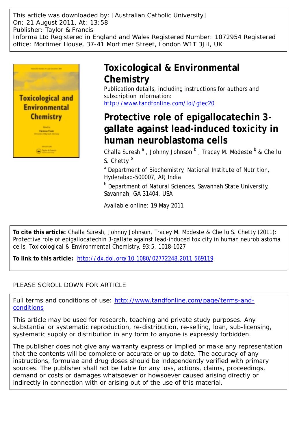 Protective role of epigallocatechin 3-gallate against lead-induced toxicity in human neuroblastoma cells by unknow