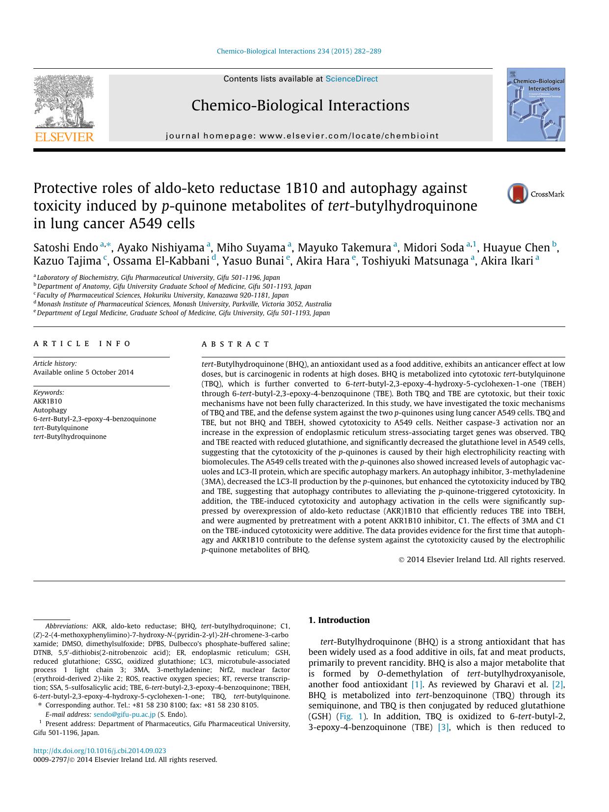 Protective roles of aldo-keto reductase 1B10 and autophagy against toxicity induced by p-quinone metabolites of tert-butylhydroquinone in lung cancer A549 cells by unknow