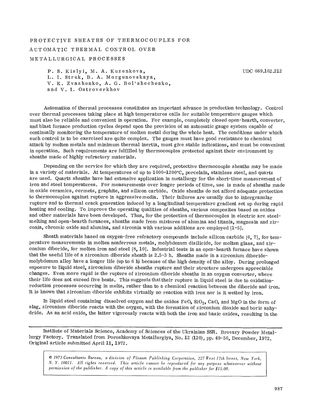 Protective sheaths of thermocouples for automatic thermal control over metallurgical processes by Unknown