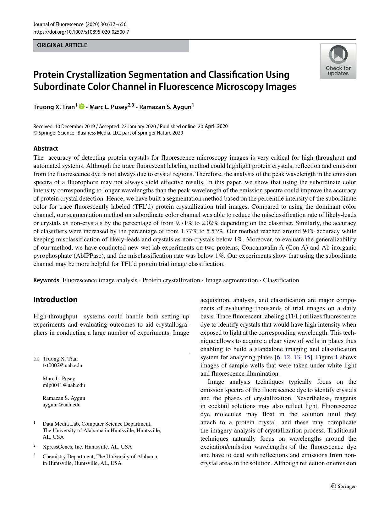Protein Crystallization Segmentation and Classification Using Subordinate Color Channel in Fluorescence Microscopy Images by Truong X. Tran & Marc L. Pusey & Ramazan S. Aygun