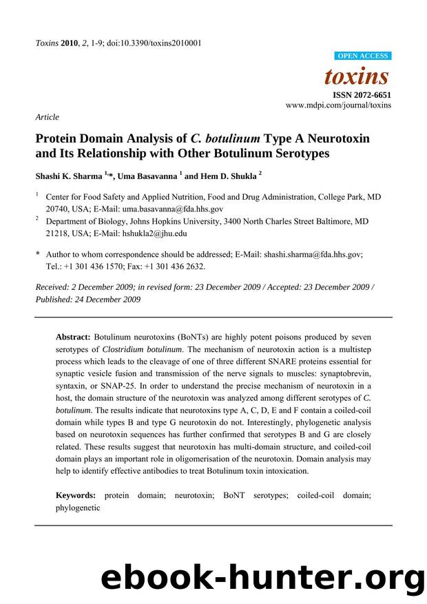 Protein Domain Analysis of C. botulinum Type A Neurotoxin and Its Relationship with Other Botulinum Serotypes by Shashi K. Sharma & Uma Basavanna & Hem D. Shukla