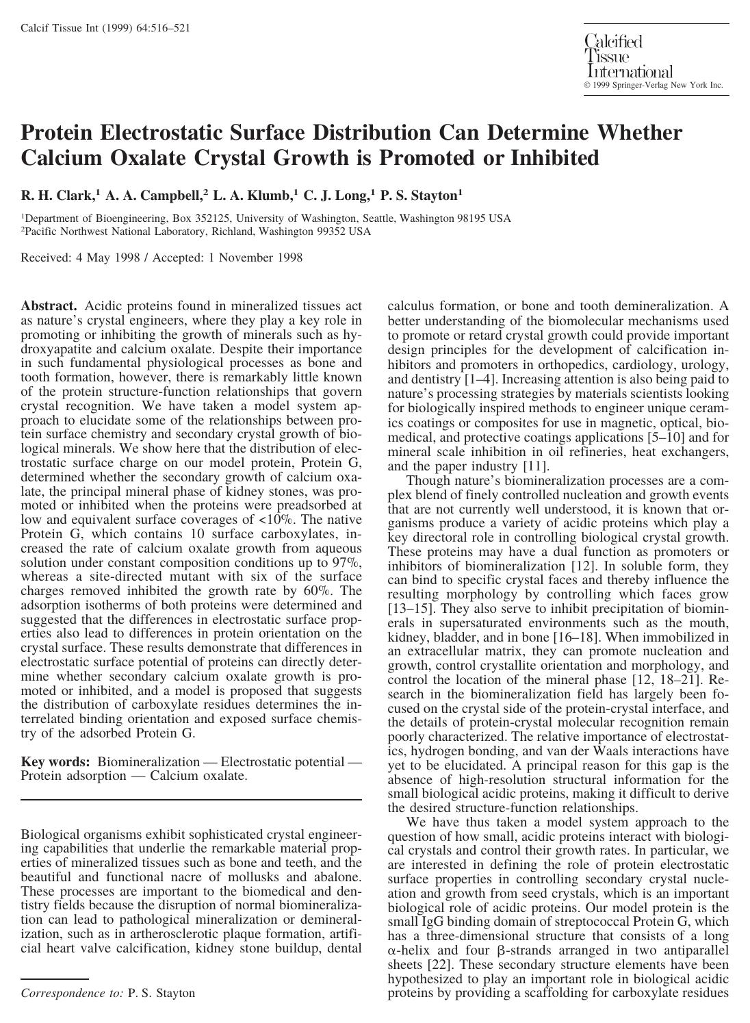 Protein Electrostatic Surface Distribution Can Determine Whether Calcium Oxalate Crystal Growth is Promoted or Inhibited by Clark R. et al